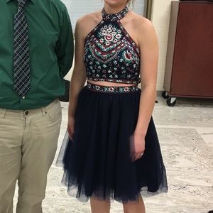 Navy Two Piece Floral Design Homecoming Dress